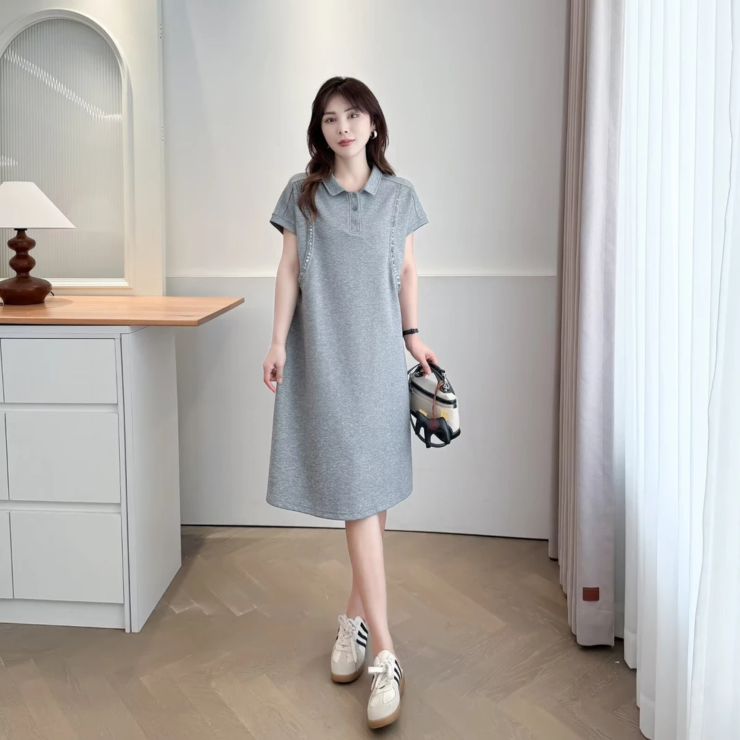 2025大码宽松腰中长裙短袖常规夏季连衣裙遮肚宽松高智淡人风524