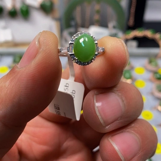 和田玉（碧玉）戒指银S925镶嵌鱼*巴