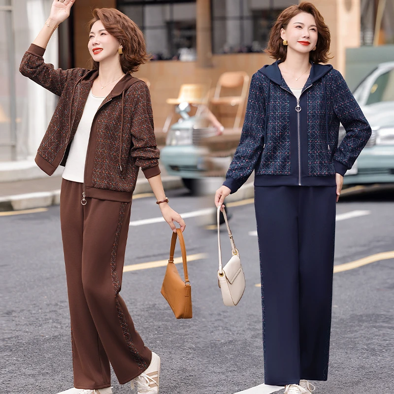 时尚精品妈妈装休闲连帽花色套装2025秋季新品宽松舒适中老年女装