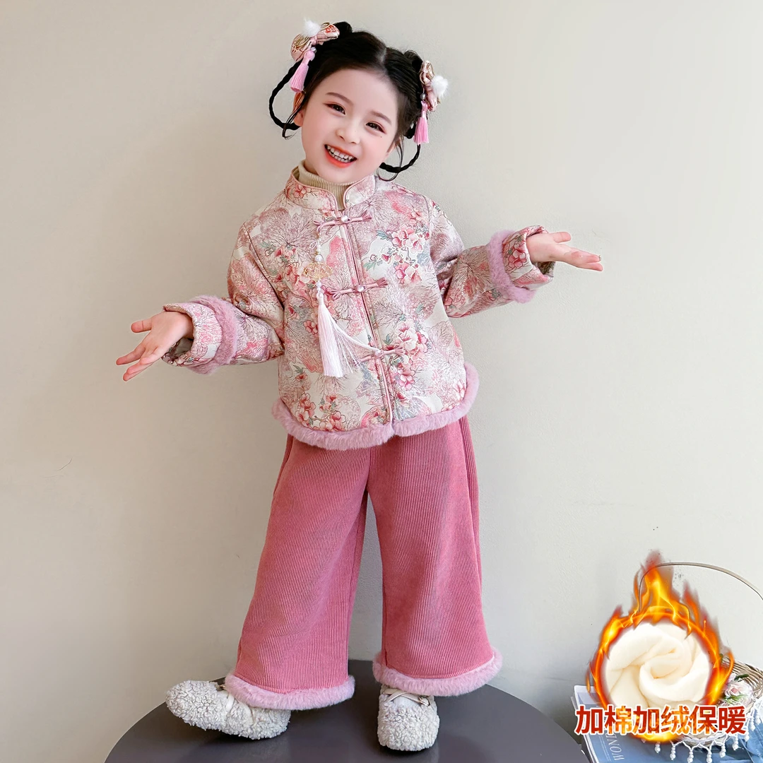 汉服女童加绒加厚套装秋冬款童装新中式拜年服喜庆唐装儿童国风