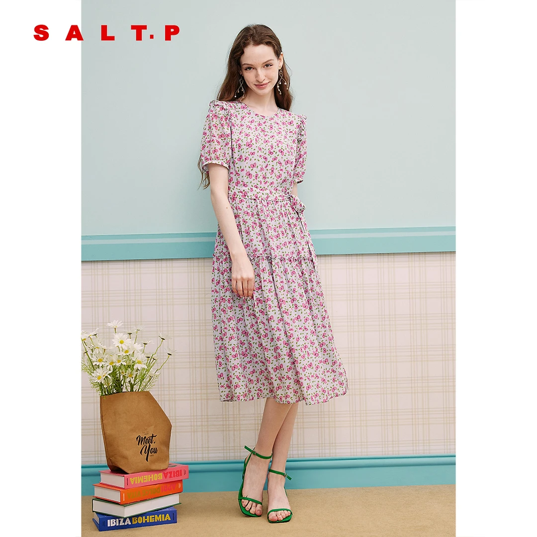 【真丝】SALT.P可颜100%桑蚕丝泡泡袖甜美蝴蝶碎花裙连衣裙夏