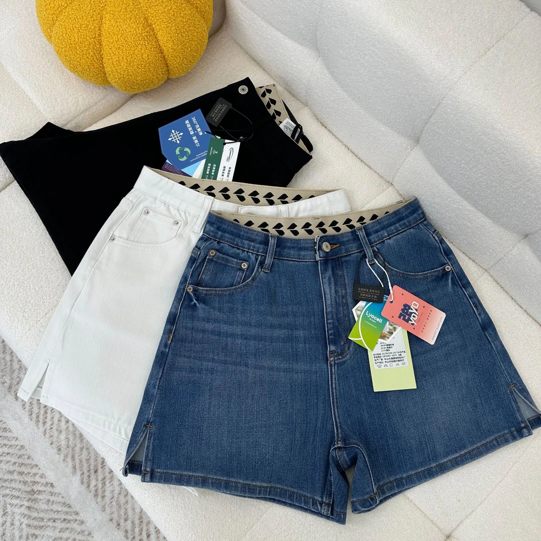 夏季高腰收胯短裤四分裤四面弹开叉A字型牛仔短裤高腰弹力蓝色薄