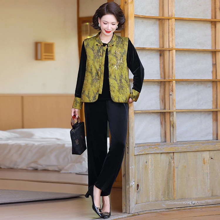 江南韵味妈妈装【金翠墨韵】国风盘扣秋季妈妈装洋气金丝绒三件套