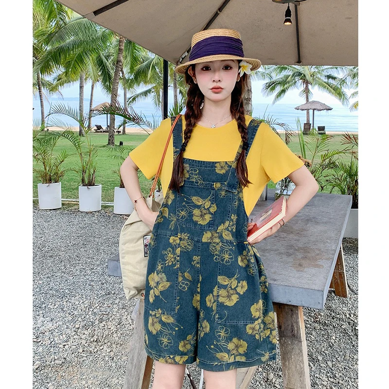 时尚印花牛仔背带裤短裤女宽松夏季新款复古吊带连体裤阔腿裤子