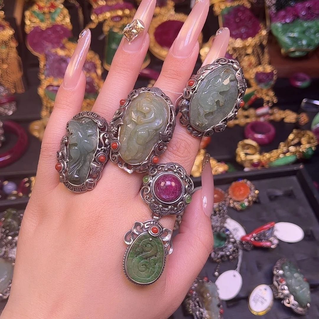 翡翠银S925镶嵌戒指任选一