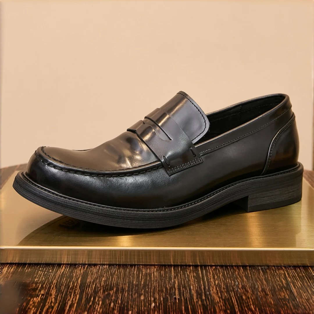 2025新款马臀皮厚底增高乐福鞋英伦风商务休闲套脚一脚蹬男士皮鞋