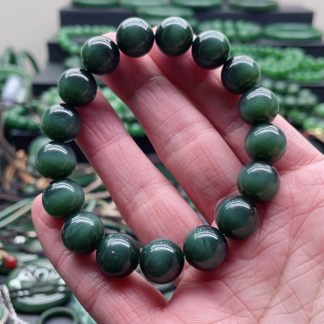 和田玉（碧玉）未镶嵌手链12mm黑猫