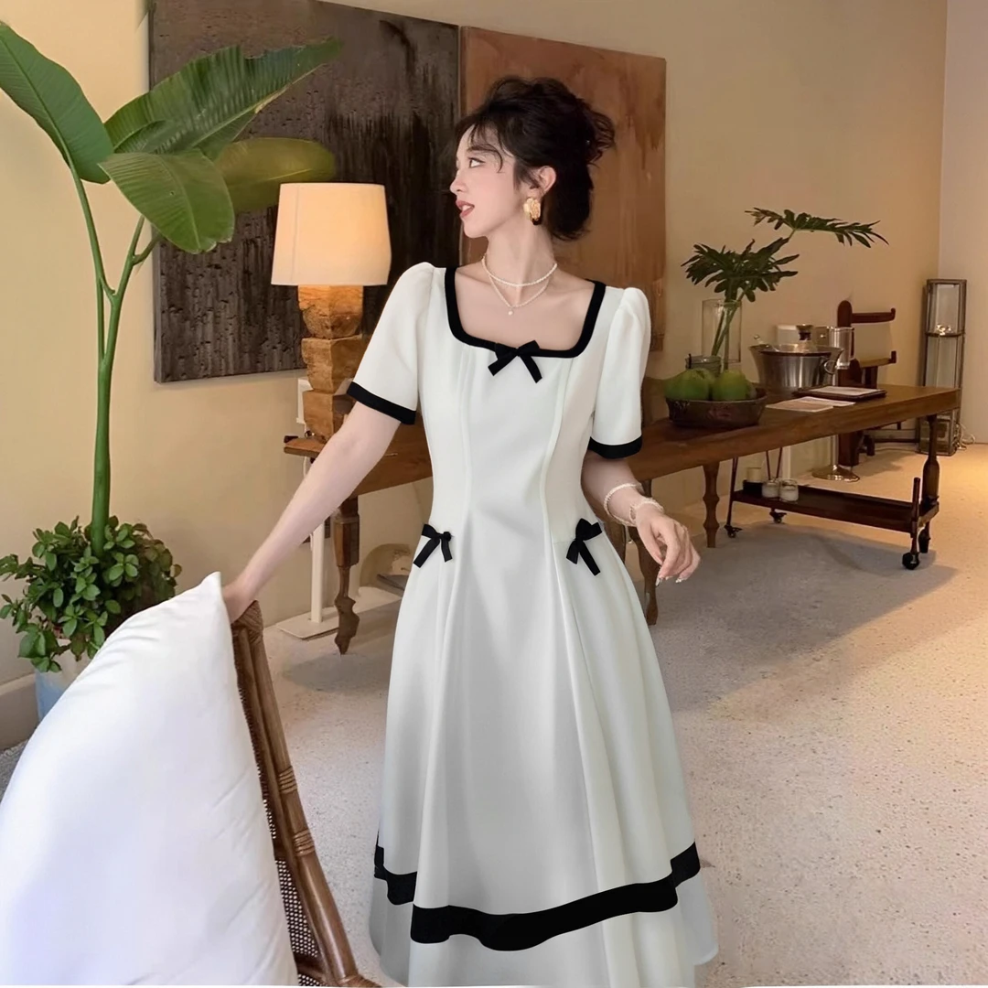 A有里布高级感撞色蝴蝶结连衣裙夏季新款法式收腰显瘦a字裙D1466