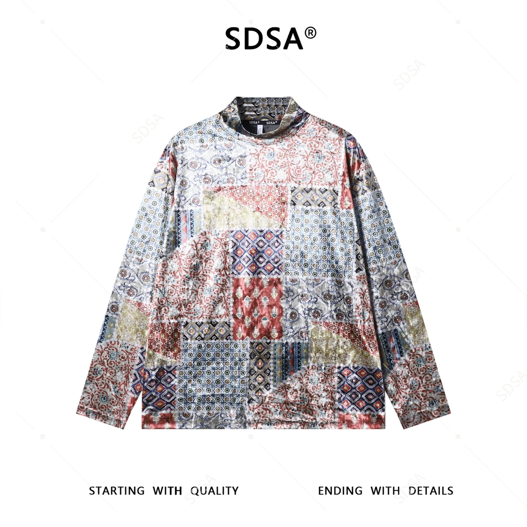 SDSA男士秋冬新款痞帅男装潮牌撞色植物花卉半高领长袖T恤百搭潮