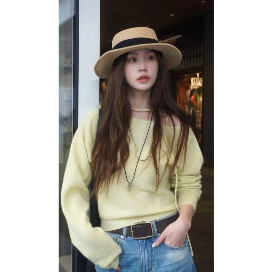 【三色针织衫】春季新款纯色简约斜肩三色薄款针织衫 Z8832579