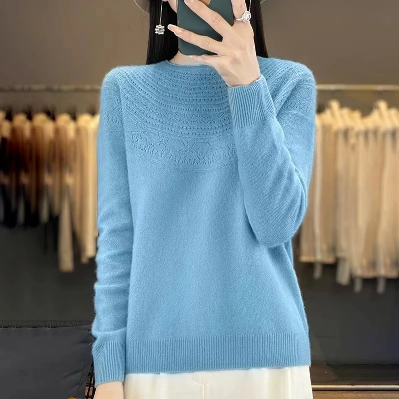 秋冬新款圆领卷边镂空打底衫女无缝一线成衣针织衫毛衣女