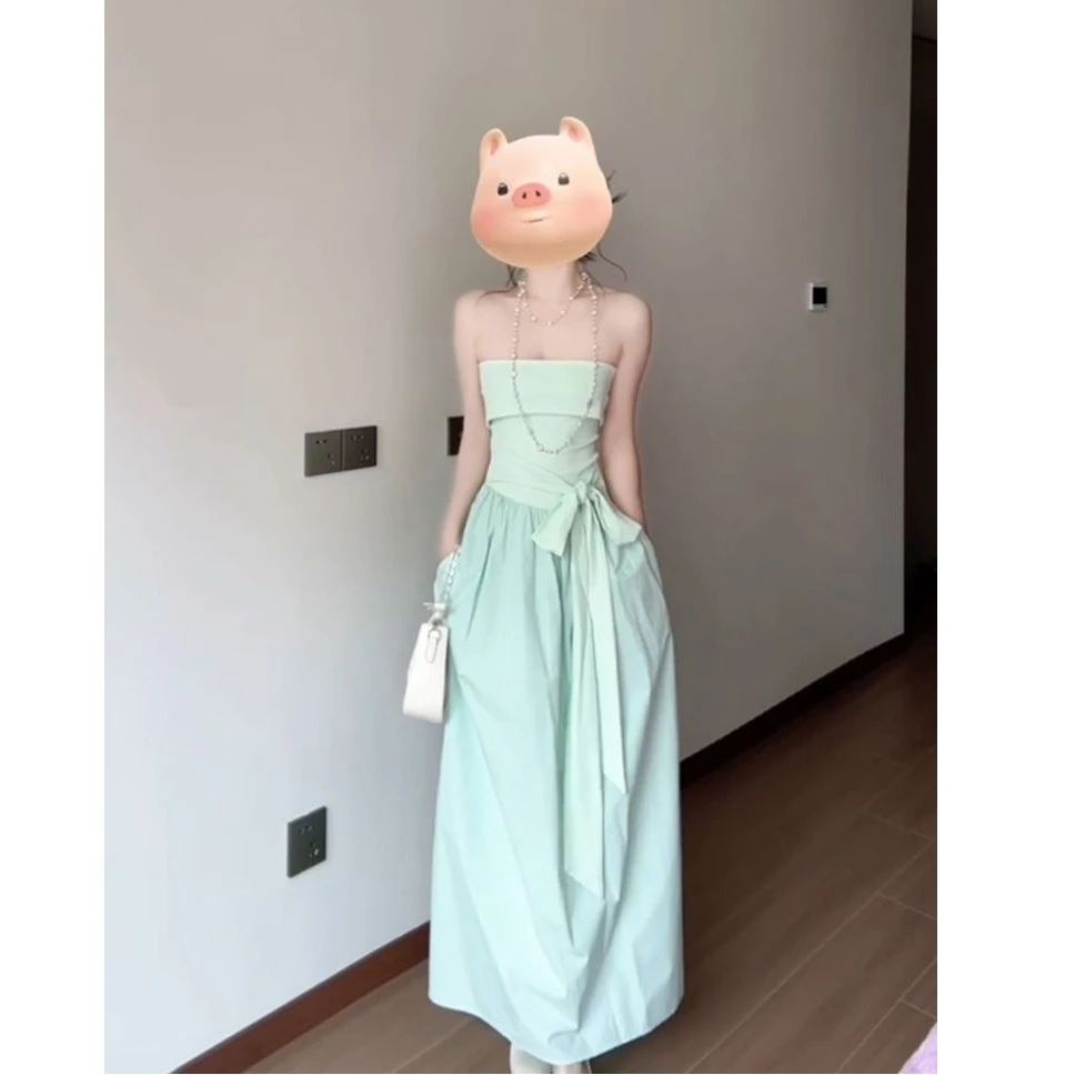 小众别致性感法式甜美薄荷绿抹胸连衣裙夏季新款度假洋气衣服女