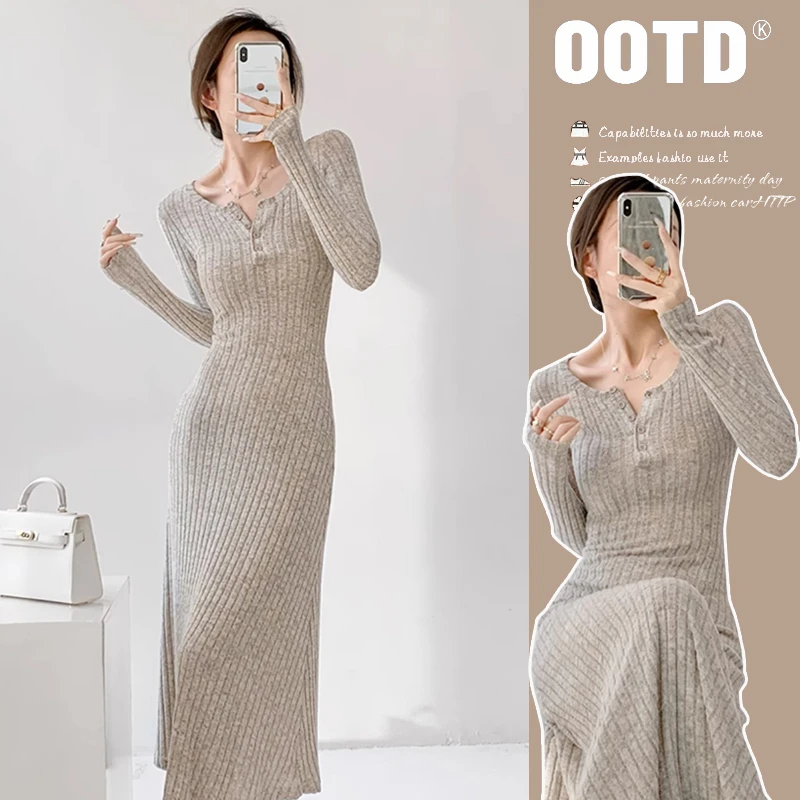 时尚孕妇春秋新款法式磨毛坑条内搭开扣过膝中长款连衣裙