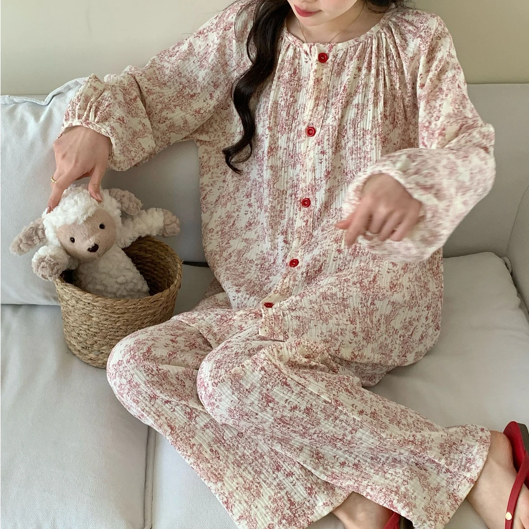 全棉双层纱纯棉睡衣春季家居服女透气春夏薄款2025甜美风