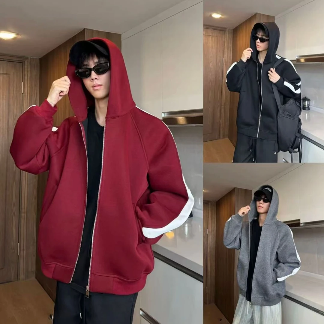 2025秋季【重磅高克重】美式连帽卫衣男士百搭休闲拼接运动开衫外套