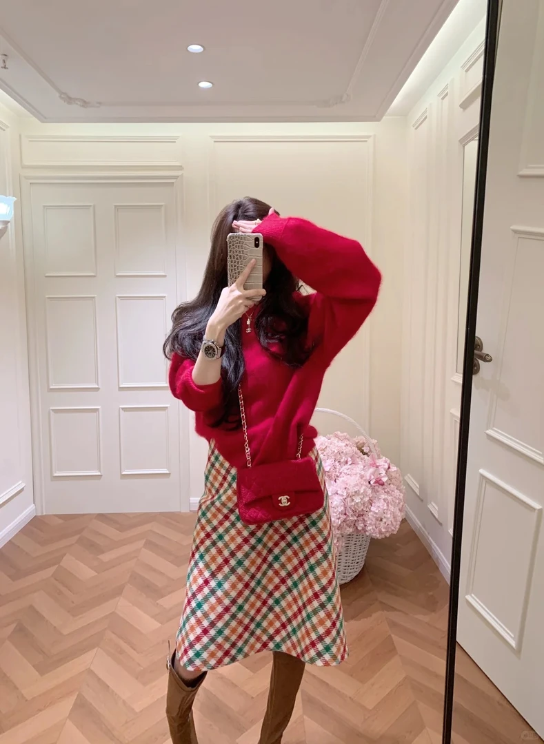 红色系圣诞搭配一整套连衣裙子女秋冬过新年穿搭春节战袍两件套装