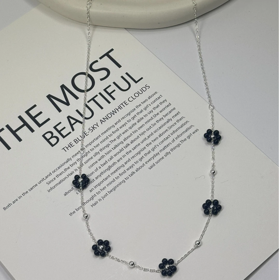 合金项链 ins风复古花朵项链颈链手工编织串珠黑色花甜酷项链