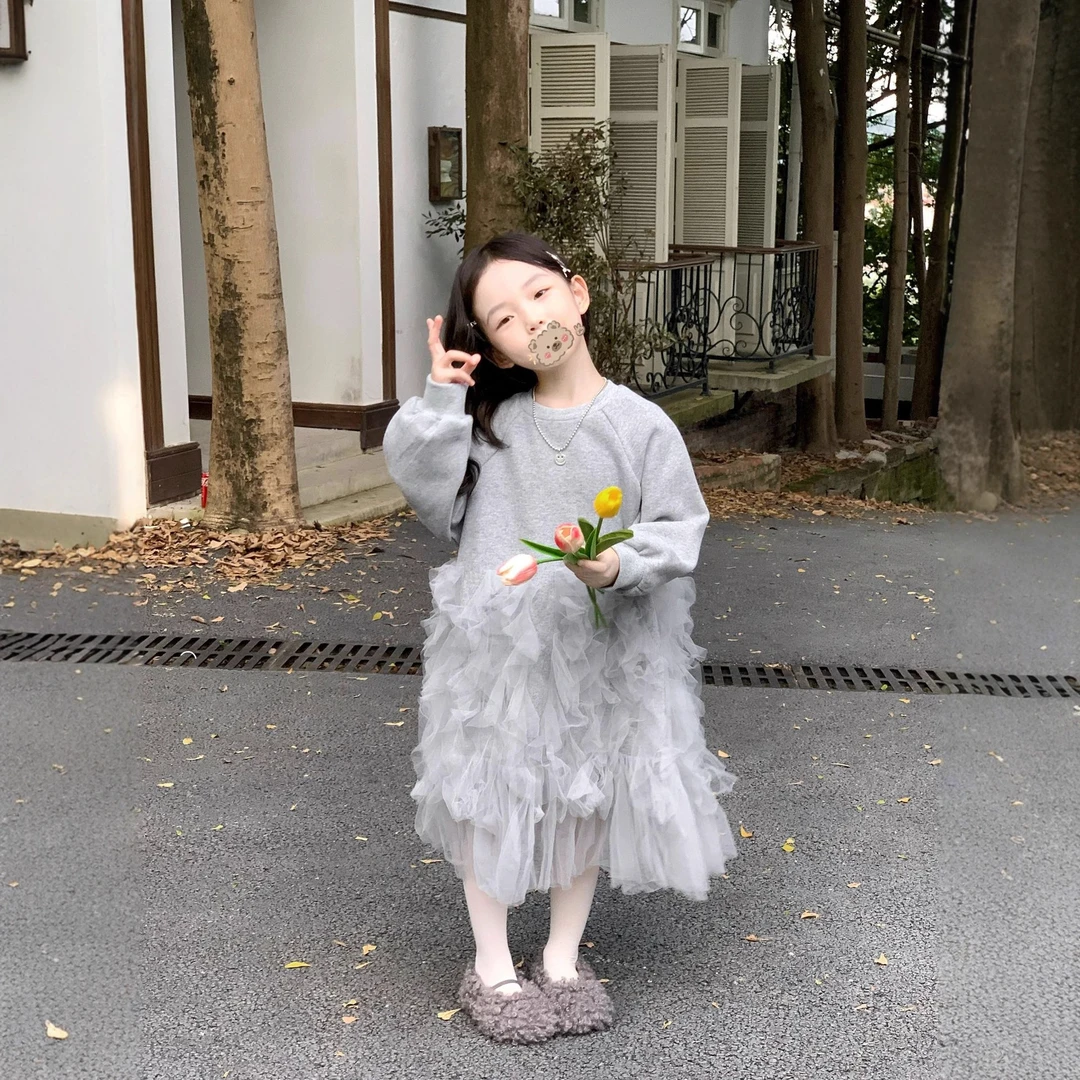 小思家女童2025秋季洋气时髦韩版灰色卫衣裙拼接纱裙仙女连衣裙