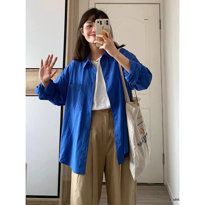 克莱因蓝色衬衫女春季2025新款韩版休闲宽松百搭叠穿长袖衬衣外套