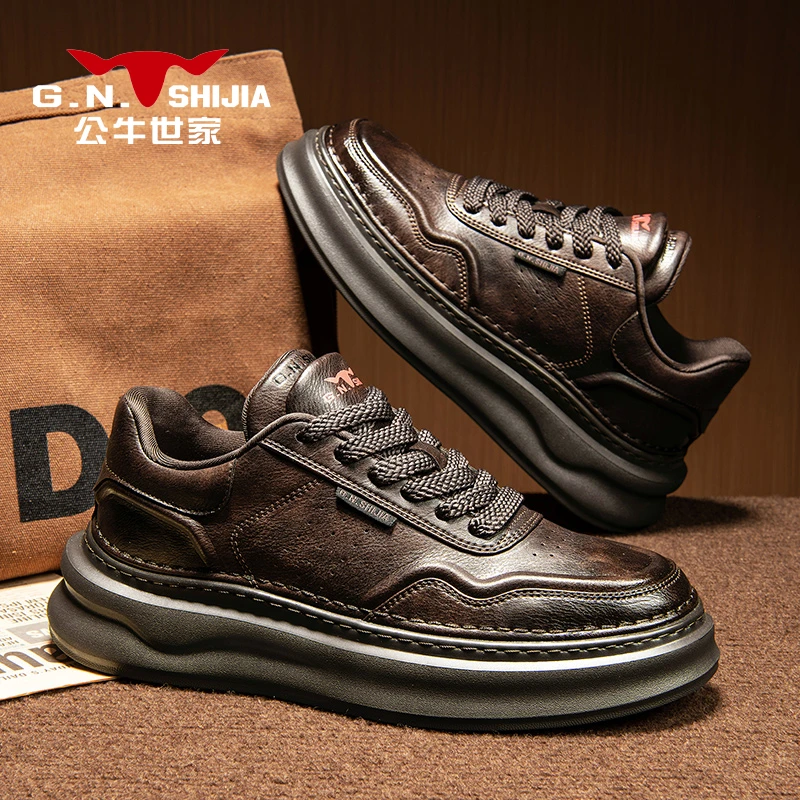 公牛世家男鞋秋冬新款复古英伦商务通勤皮鞋厚底运动休闲板鞋男士
