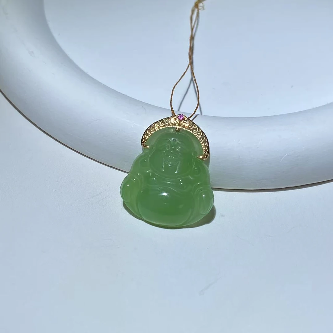 KEA139  和田玉18K苹果绿佛公吊坠