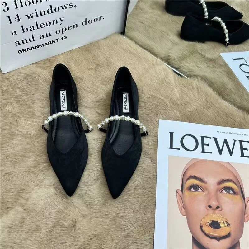 渔夫鞋水果鞋拼接优雅低跟套筒平底修面皮女鞋气质鞋浅口尖头单鞋