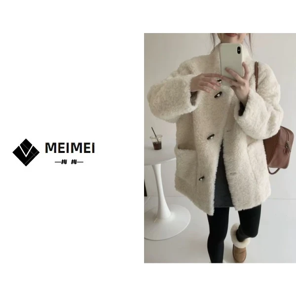 XMM.【牛角扣毛毛外套】时尚百搭气质休闲大码显瘦女士宽松中长9927