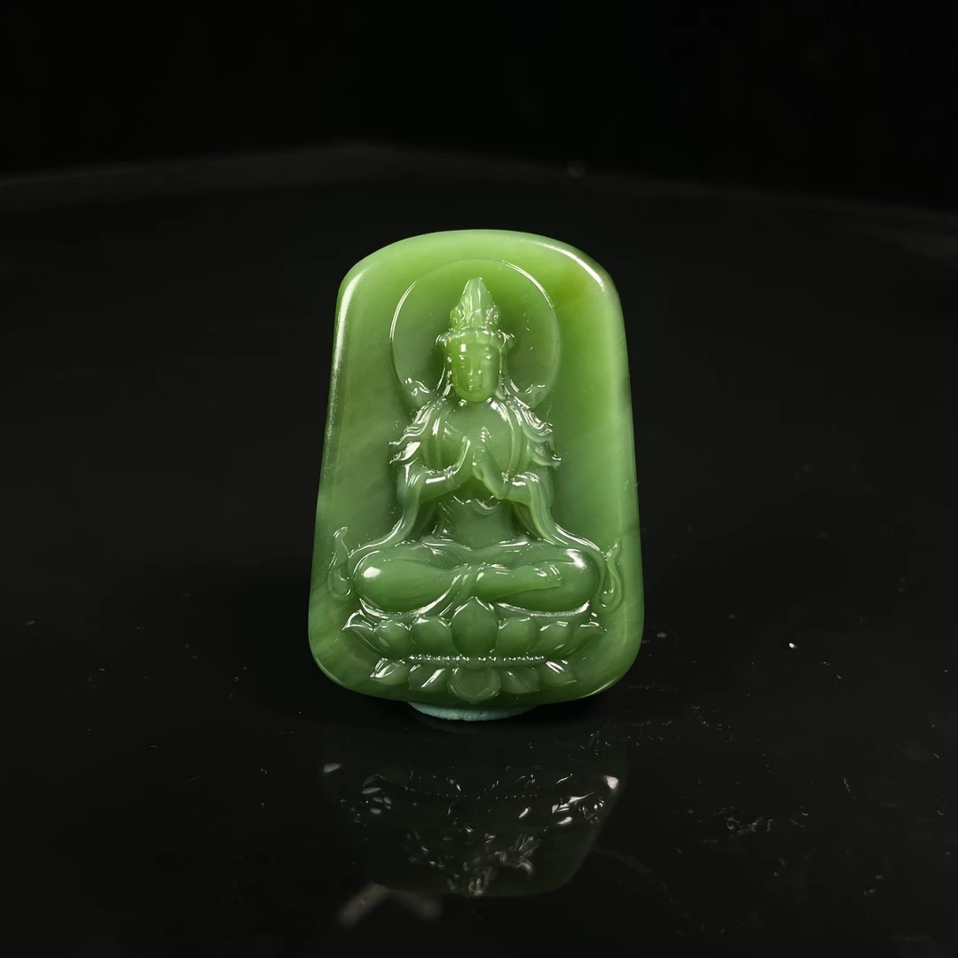 lot3563和田玉观音牌碧玉猫眼53.1*37.9*12.3mm/49.7g/北京世纪