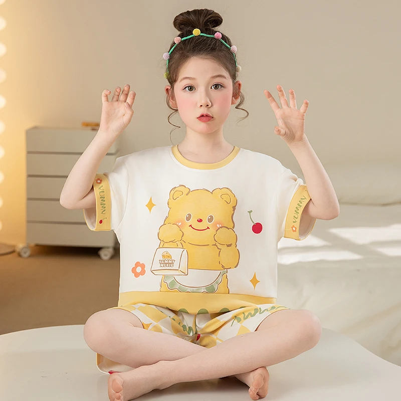 bejirog/北极绒女童可爱风短袖圆领家居服中大童夏季休闲纯棉睡衣