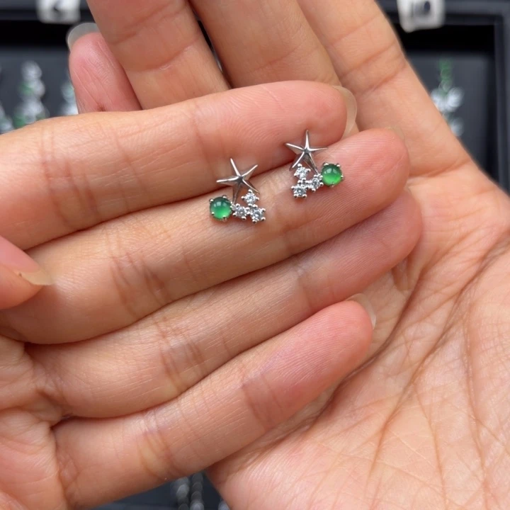 晚***子翡翠银S925镶嵌耳饰