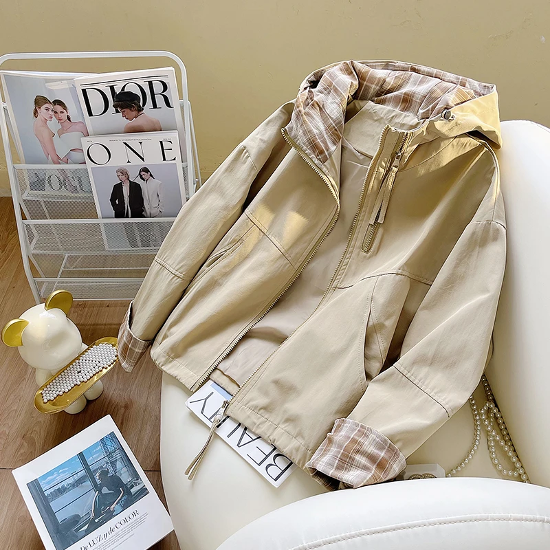 早秋爆款双拉链格子撞色休闲连帽短外套女秋冬时尚小个子气质夹克