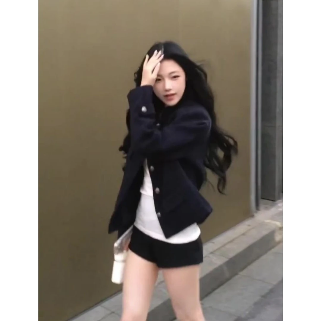 藏青色韩系高级感小香风短款外套女2025新款宽松显瘦气质立领上衣