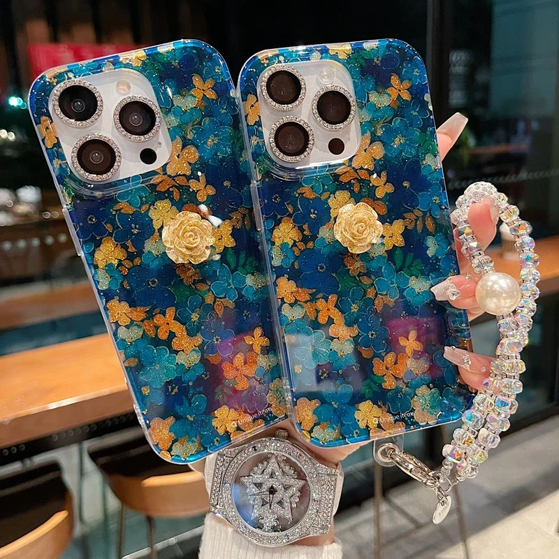 适用苹果系列iPhone16新款手机壳优雅蓝绿黄花朵串珠全包防摔大孔