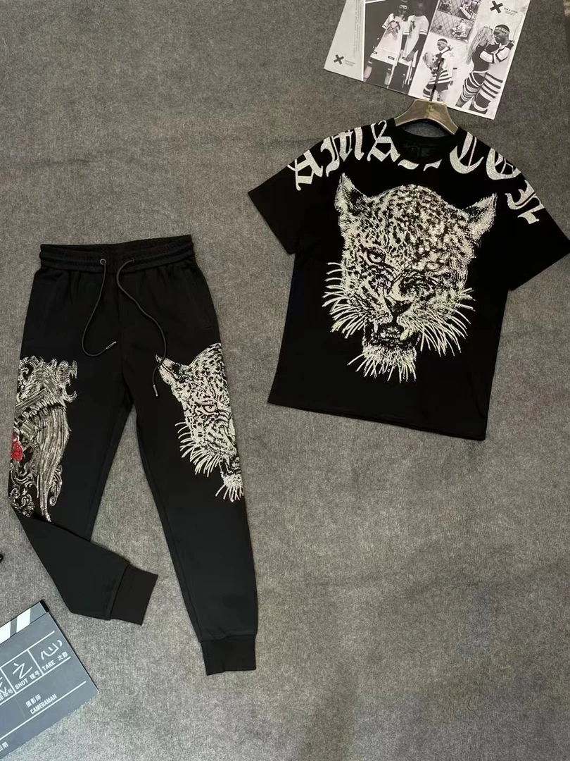 11527-560 新款潮牌烫钻豹子头短袖T恤男大码潮宽松韩版半袖t恤