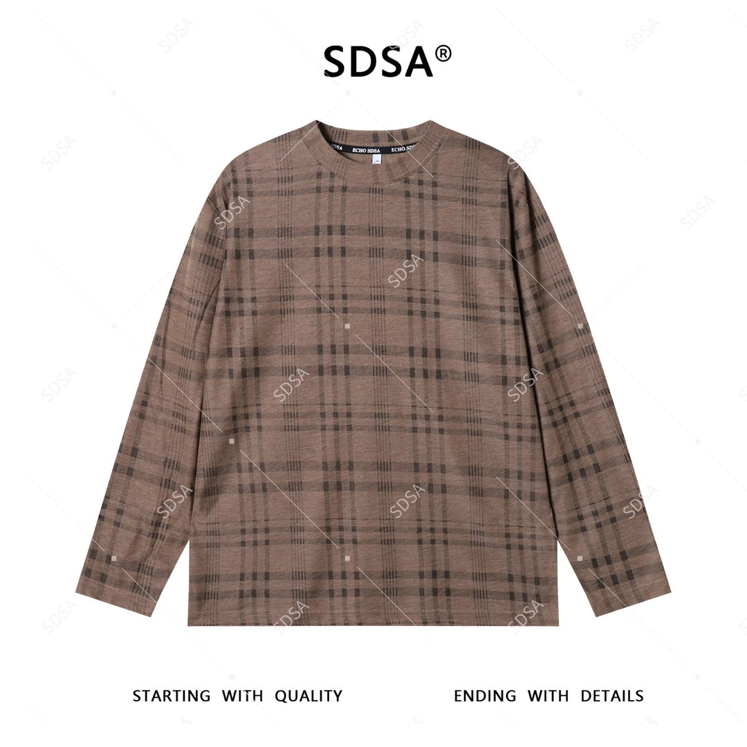 SDSA男士2025新款轻奢痞帅男装韩版格纹格子设计圆领长袖T恤时尚