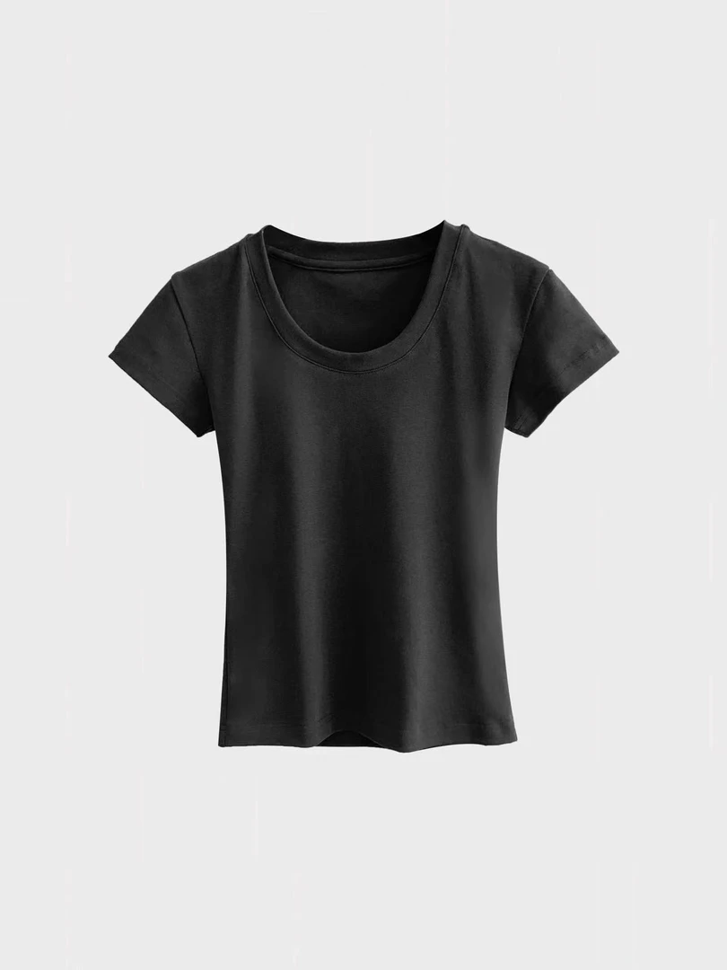 欧美ins博主同款U型领简约T短款纯色打底衫圆领设计感内搭