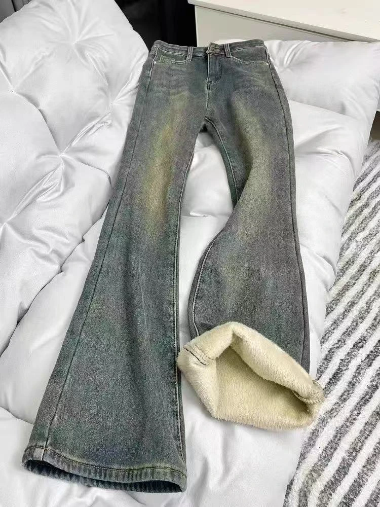 7055微喇休闲女喇叭裤女高个子加长直筒裤长裤高腰牛仔裤