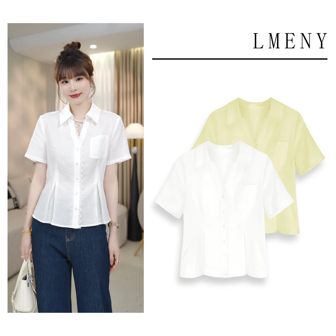 LMENY白月光~天丝亚麻V领花边收腰显瘦衬衫25BC003