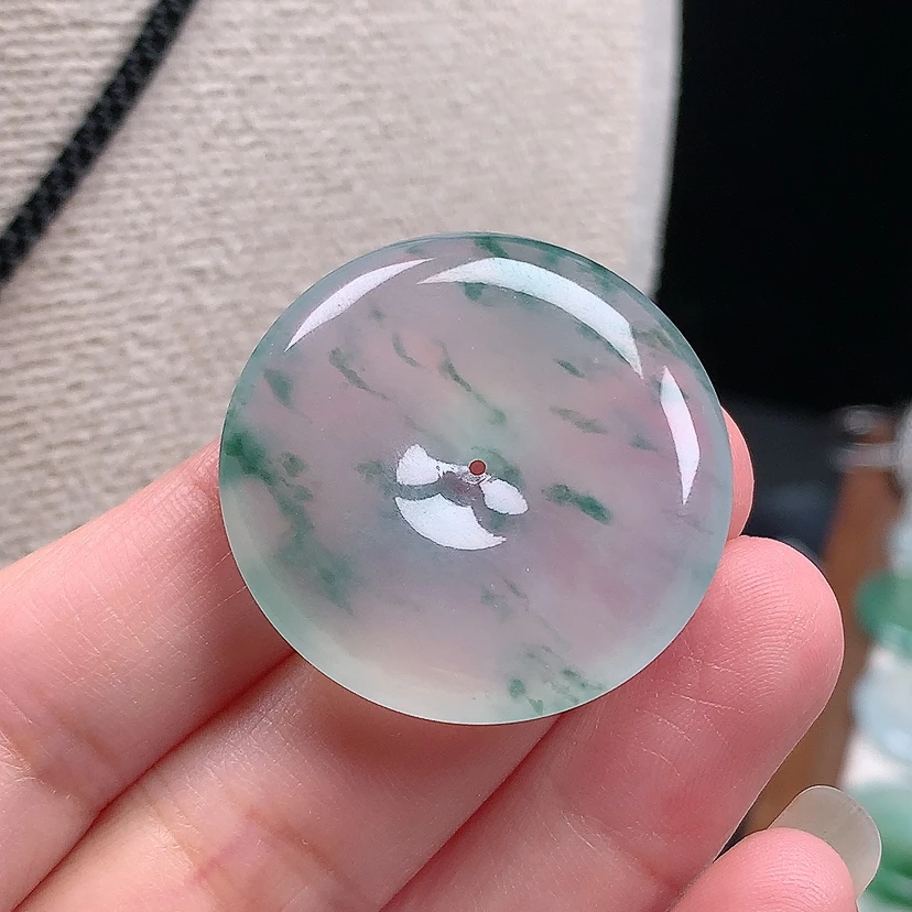 缅甸天然翡翠A货玉石冰种飘花平安扣吊坠31.6*5.7mm
