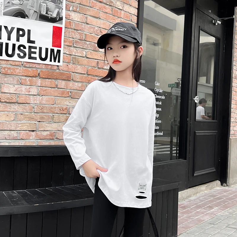 【酷哒仔】女童白色长袖打底衫2025春秋新款中大童休闲百搭上衣