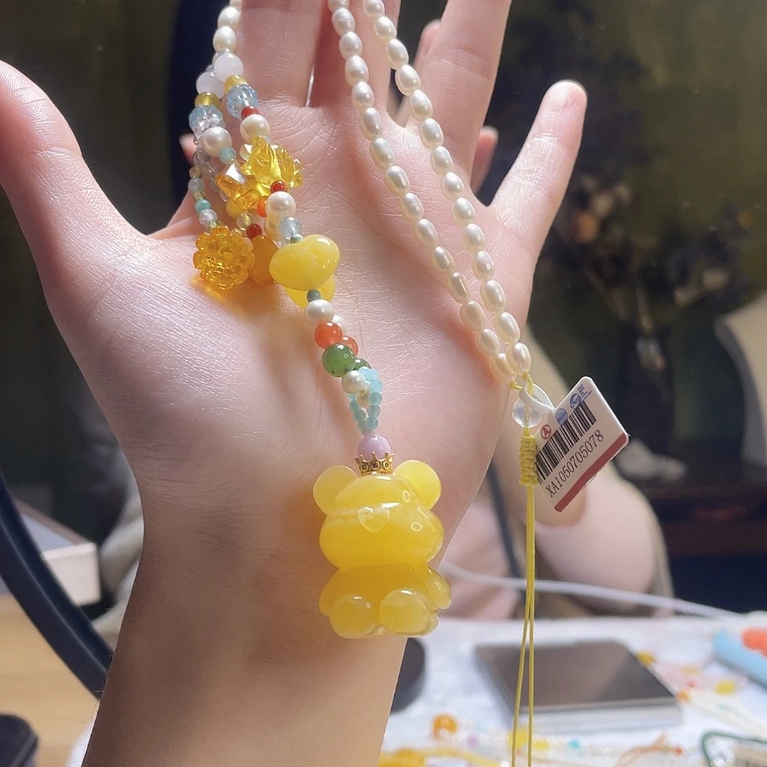 蜜蜡银S925镶嵌裸石小熊吊坠