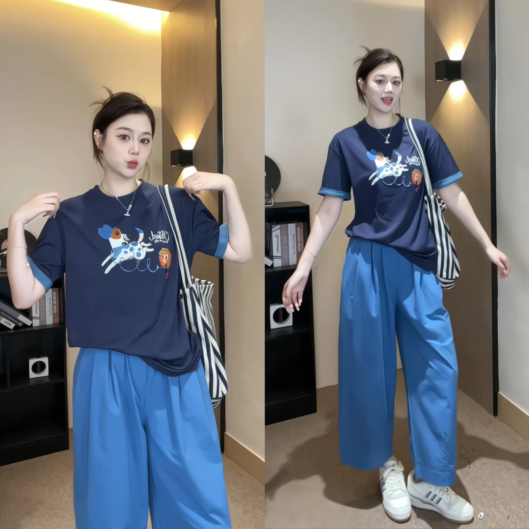 蓝色小狗卡通印花T恤+蓝色气球裤休闲裤