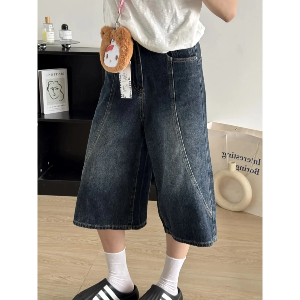 美式复古蓝设计感廓形牛仔裤女2025夏季高腰显瘦垂感七分阔腿裤子