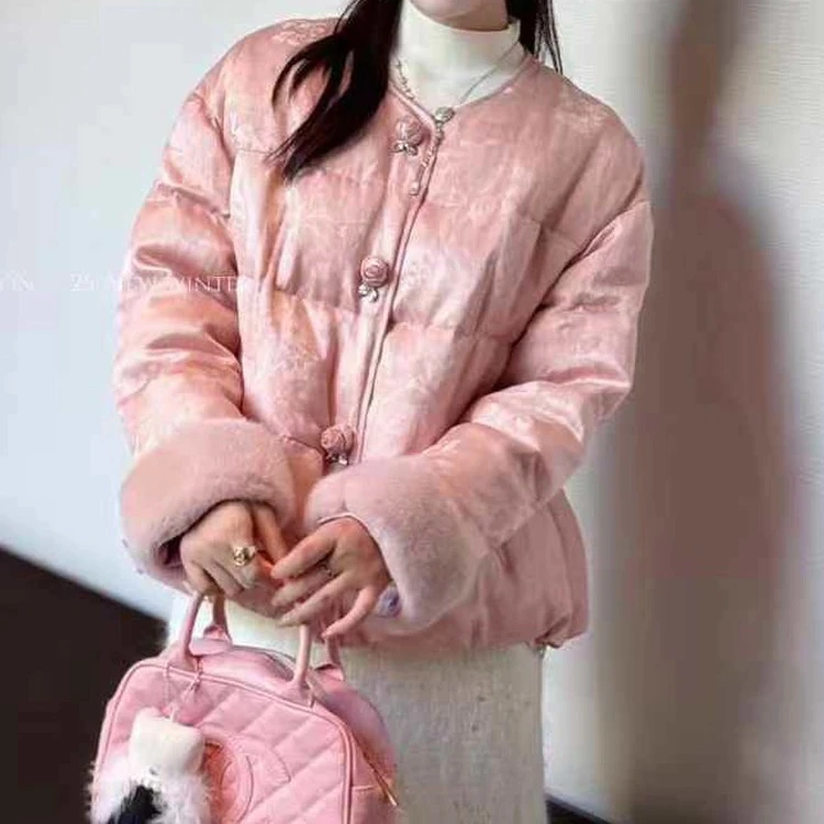130新中式玫瑰花钻石扣国风棉服