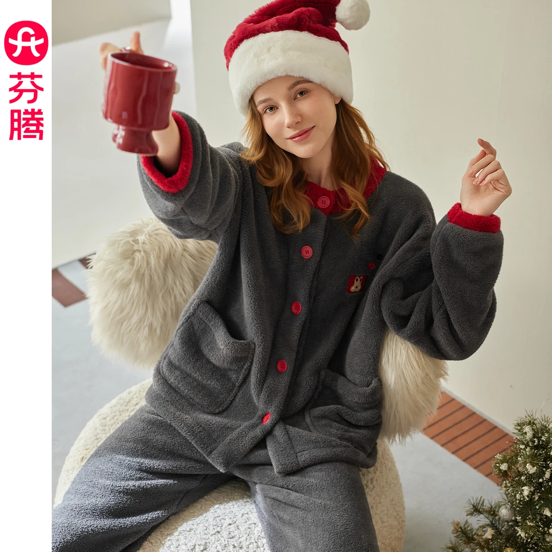 芬腾女士睡衣秋冬季新款珊瑚绒防静电套装女款加绒加厚休闲家居服