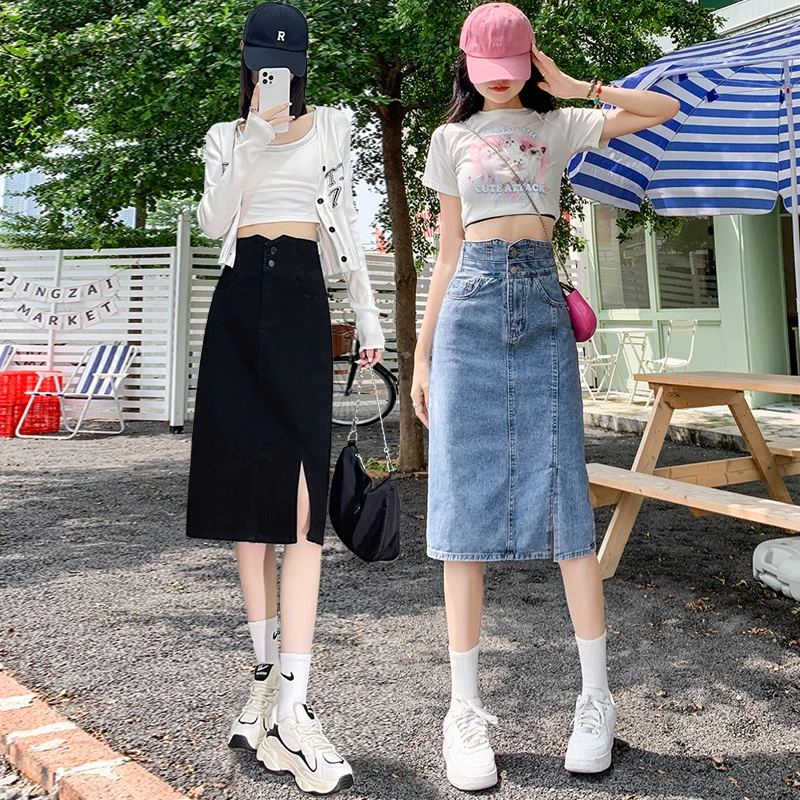 7322#高腰开叉牛仔半身裙女2025薄款显瘦小个子包臀a字中长款裙子