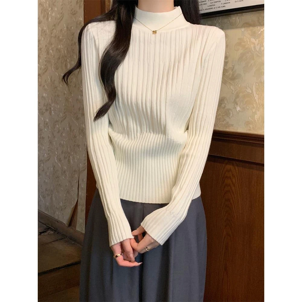女冬季2025加厚半高领针织上衣收腰打底衫韩版小个子气质内搭毛衣