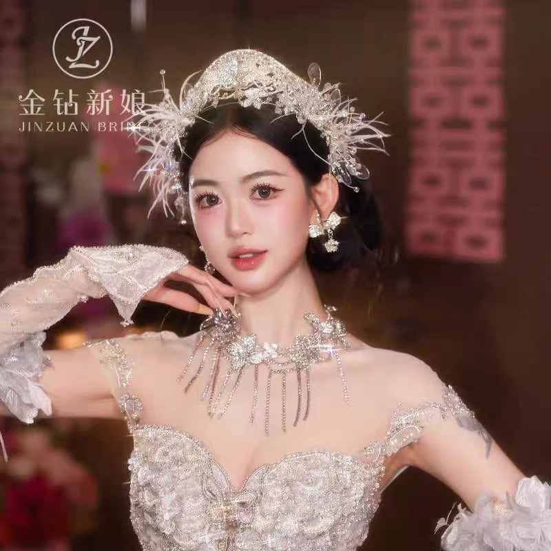新娘头饰网红简约百搭结婚新娘复古皇冠唯美公主金色森系流苏
