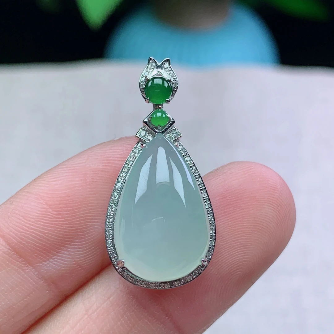 yy缅甸天然翡翠A货29.6-14.3-9.4玉石18k金镶嵌冰种水滴吊坠礼物