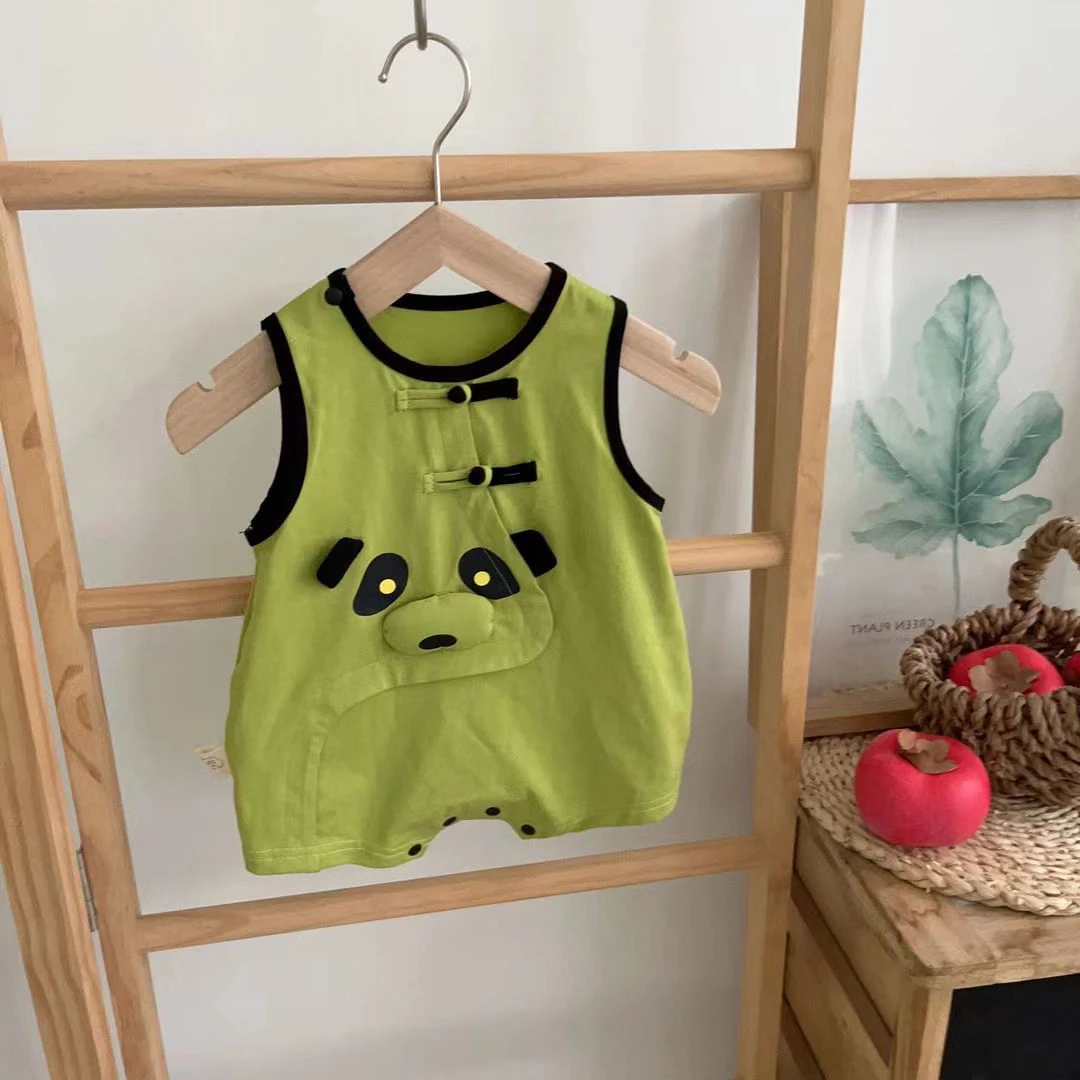 婴儿夏装背心哈衣可爱熊猫宝宝外出连体衣夏季卡通包屁衣满月百天